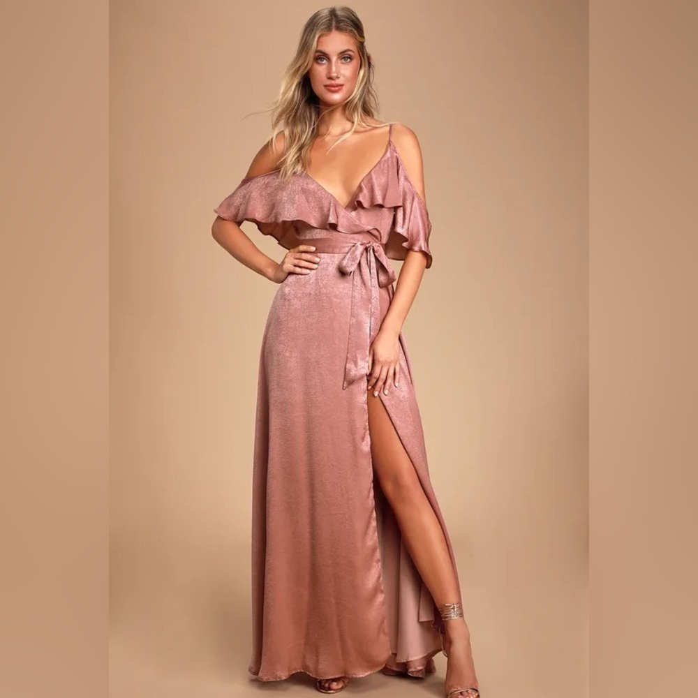 Lulu’s Moriah Rose Satin Wrap Maxi Dress